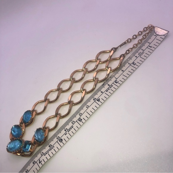 VTG Gold Tone Blue Stone Costume Choker Length Necklace 14” - Picture 5 of 5
